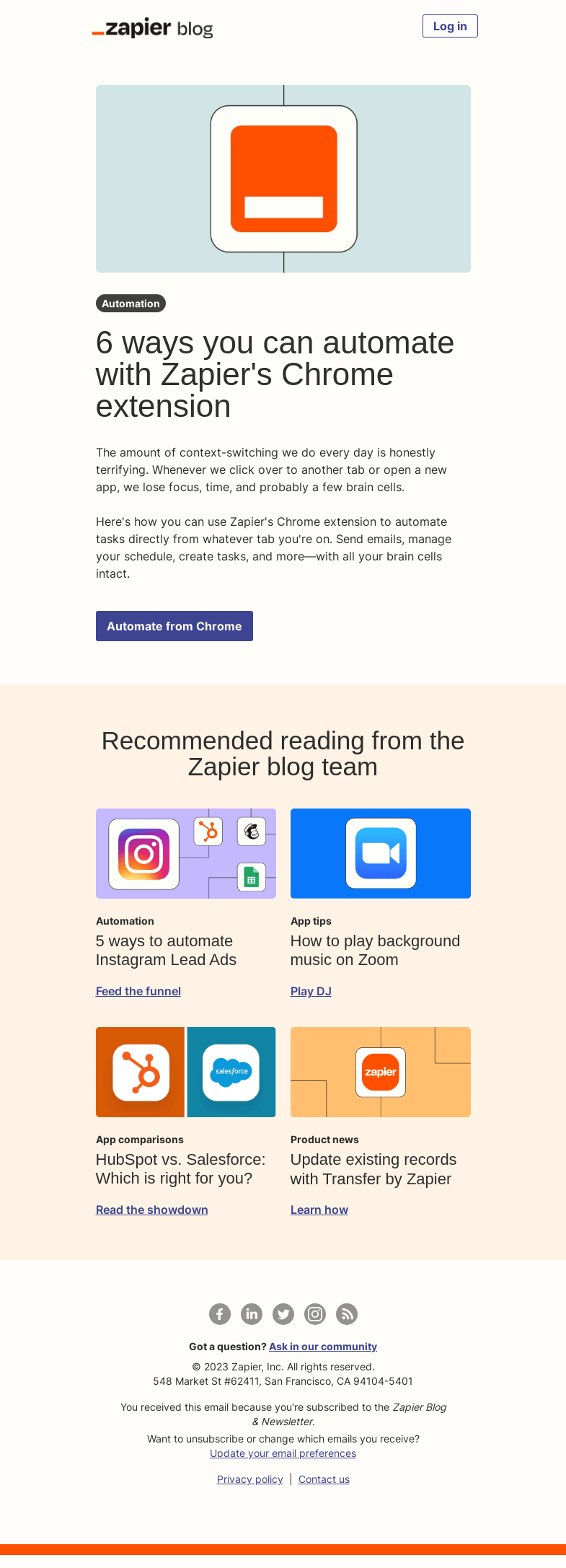 Письмо компании «Zapier» на тему «Automate from a Chrome extension»