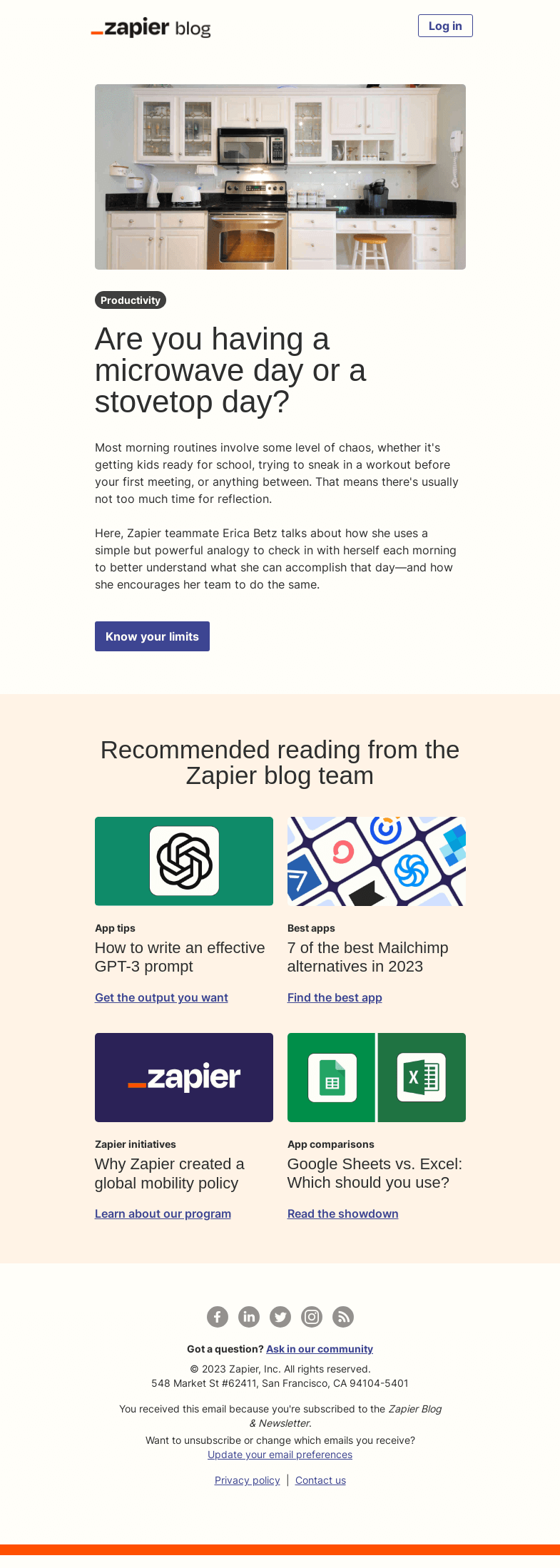 Письмо компании «Zapier» на тему «Is it a microwave or stovetop day?»