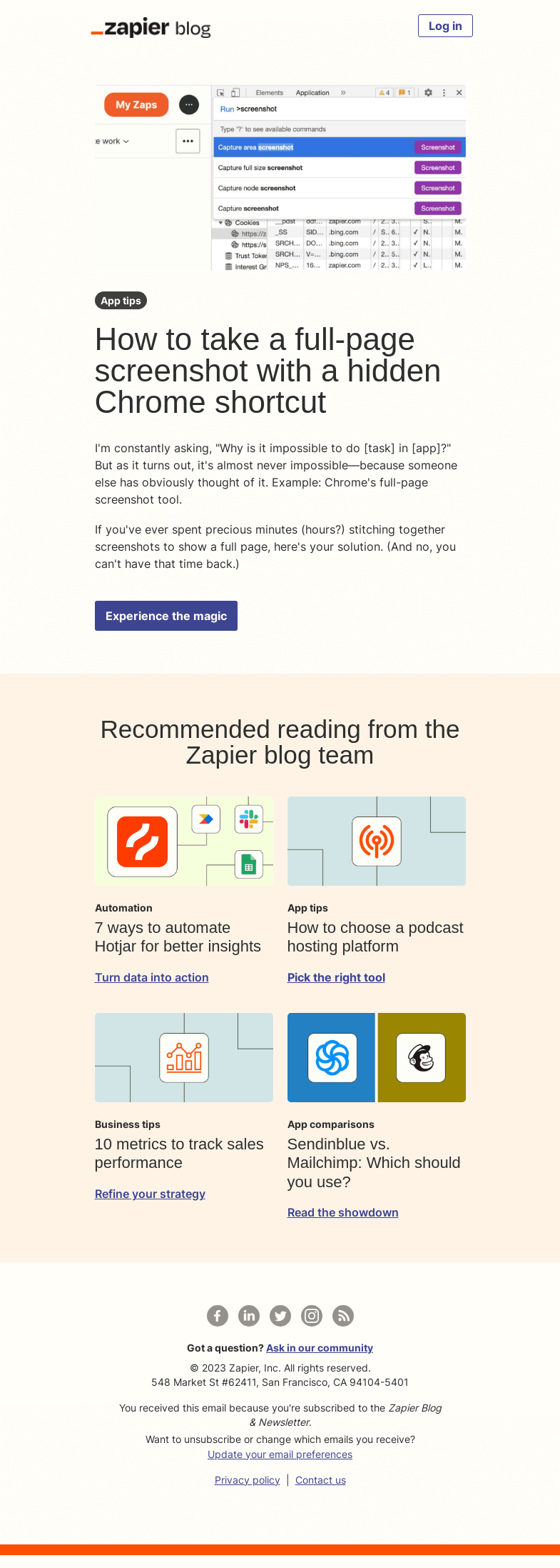 Письмо компании «Zapier» на тему «Take a full-page screenshot»