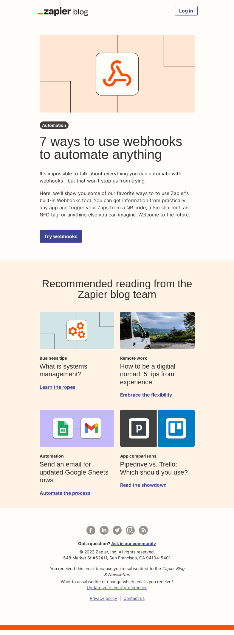 Письмо компании «Zapier» на тему «7 ways to use webhooks to automate anything»