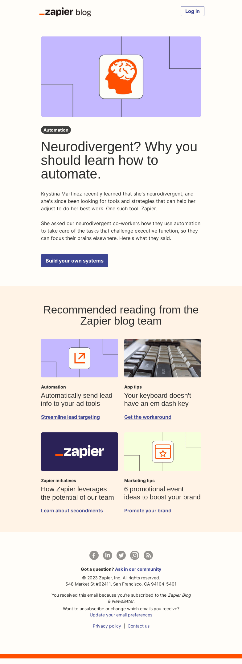 Письмо компании «Zapier» на тему «Build systems that work the way you do»
