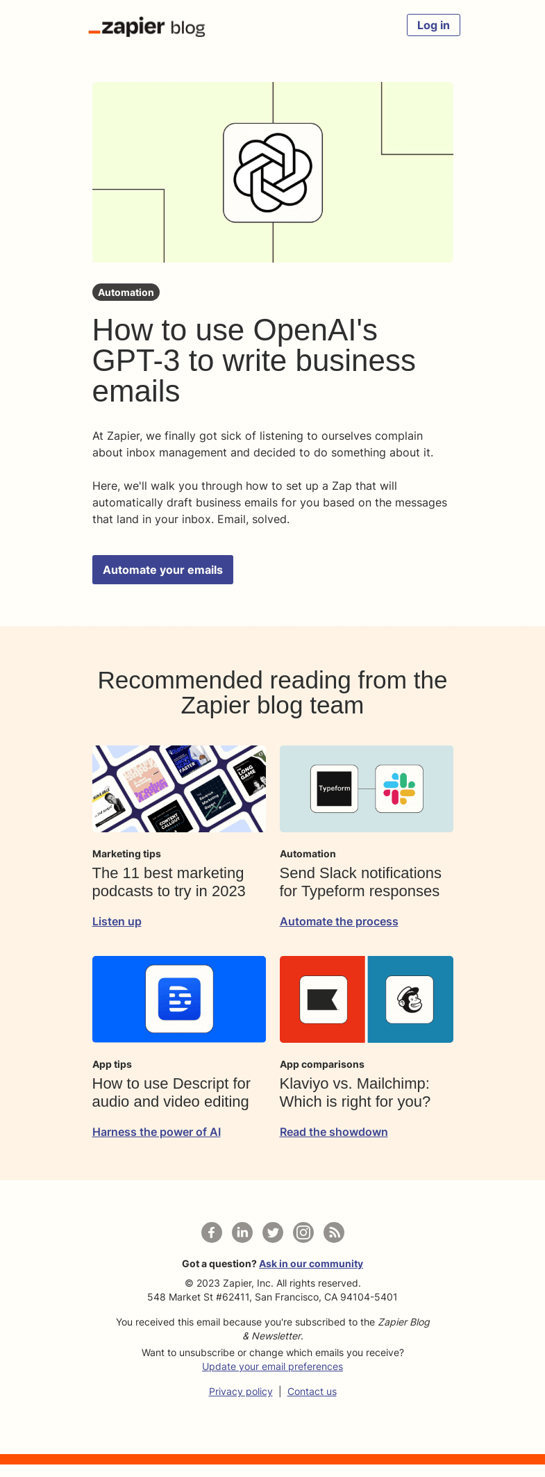 Письмо компании «Zapier» на тему «Let AI write your emails»