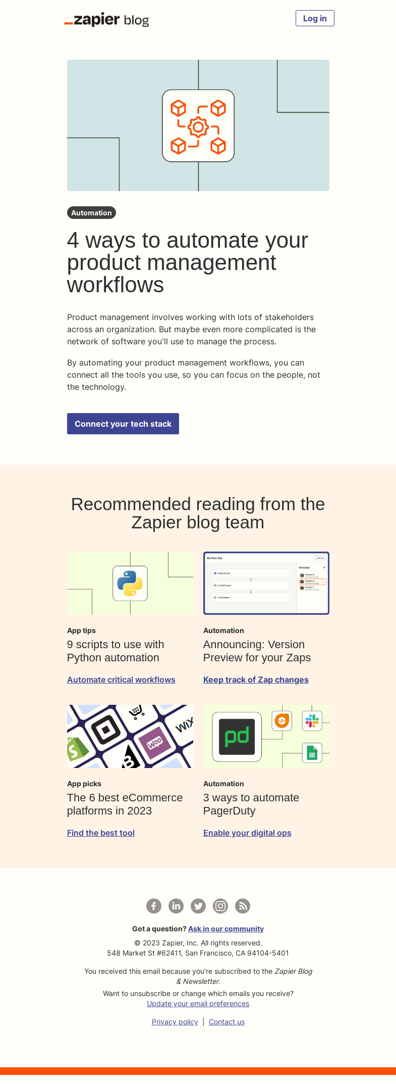 Письмо компании «Zapier» на тему «Automate product management workflows»