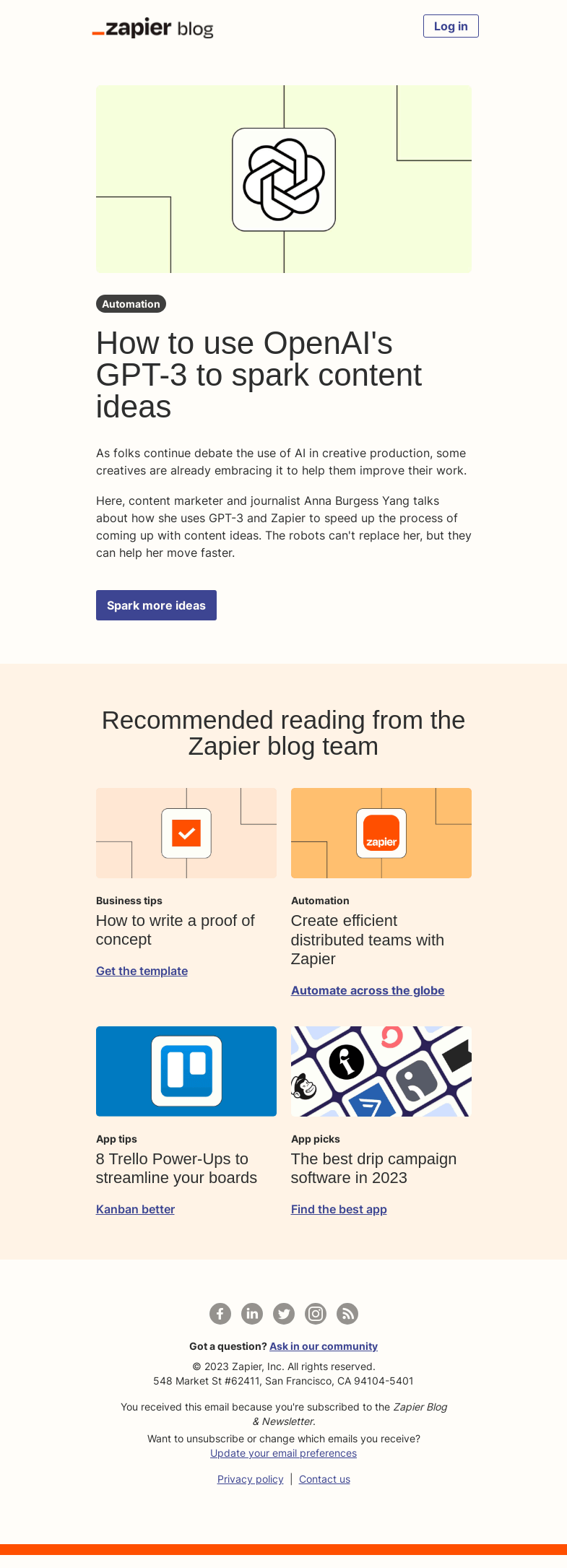 Письмо компании «Zapier» на тему «Spark content ideas with AI»