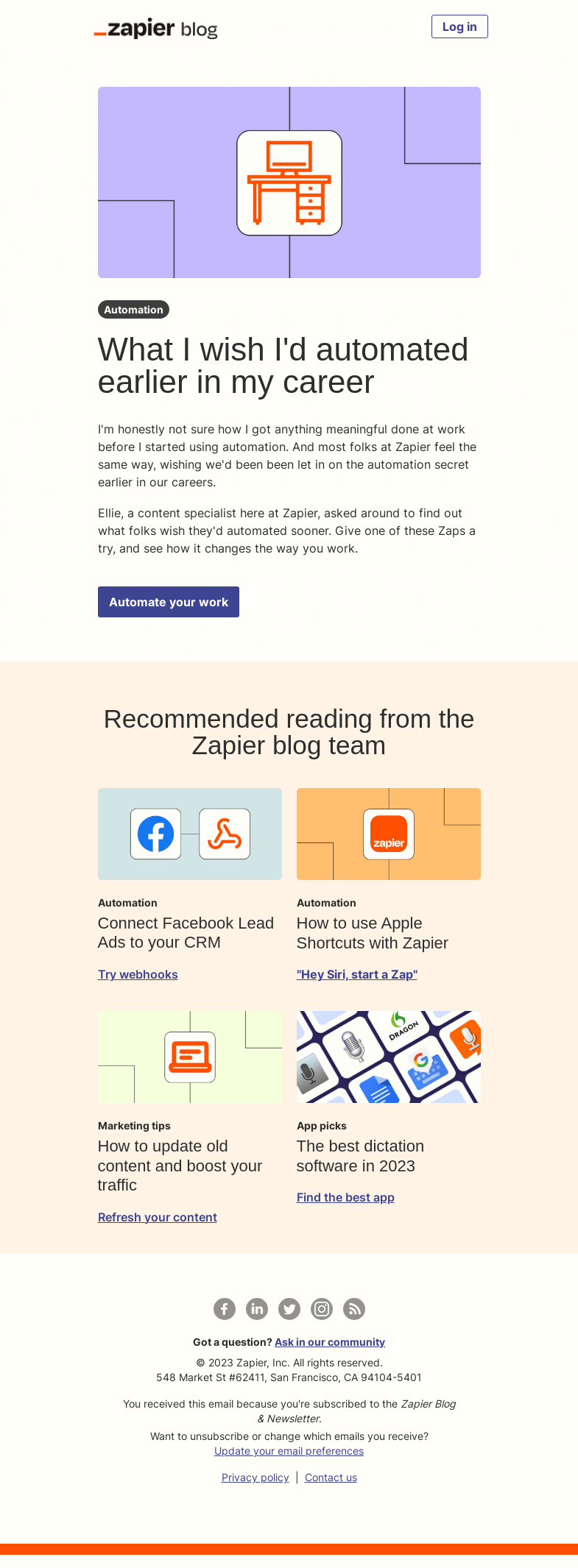 Письмо компании «Zapier» на тему «Automate earlier»