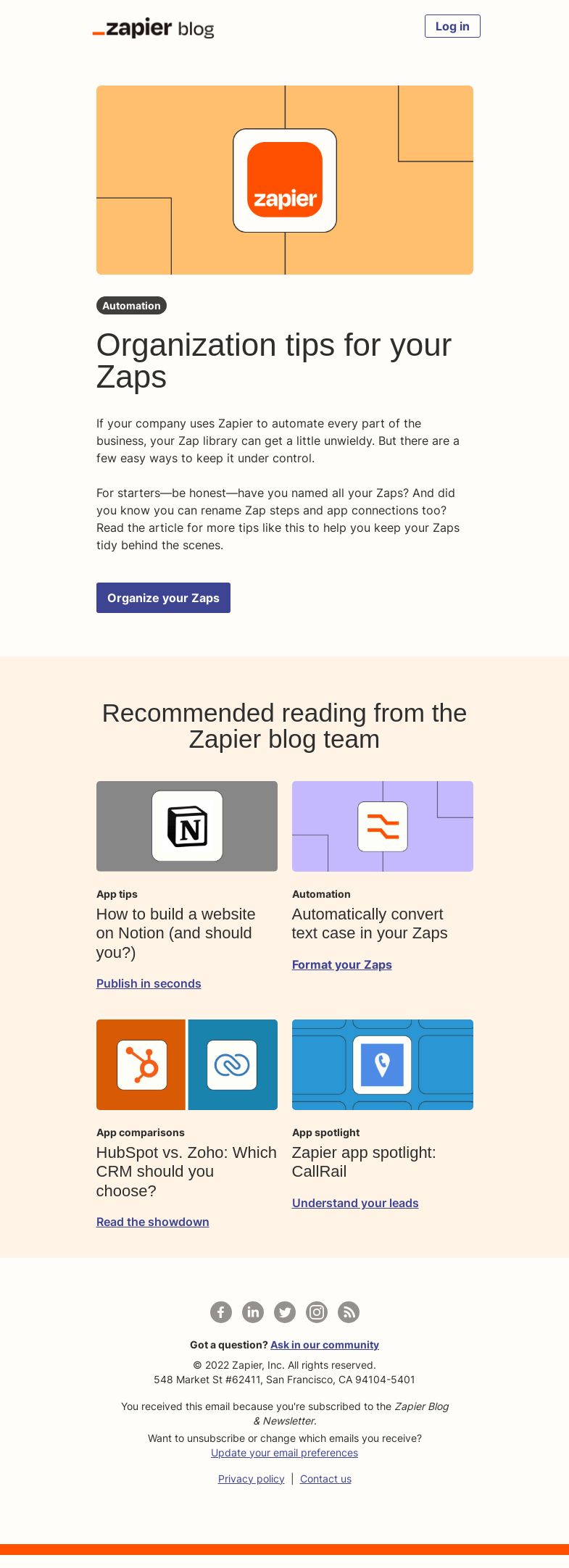 Письмо компании «Zapier» на тему «Organize your Zaps»
