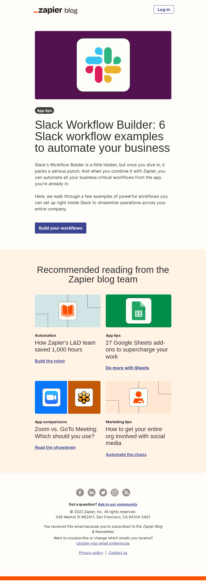 Письмо компании «Zapier» на тему «Automate your business in Slack»