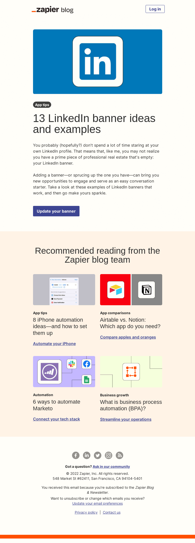 Письмо компании «Zapier» на тему «Spruce up your LinkedIn banner»