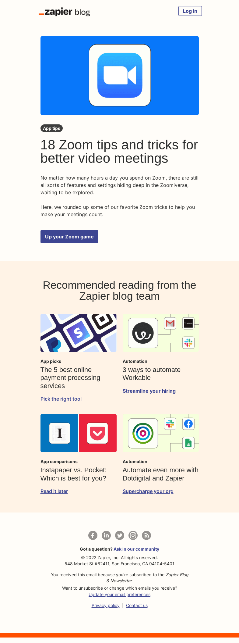 Письмо компании «Zapier» на тему «Zoom better»