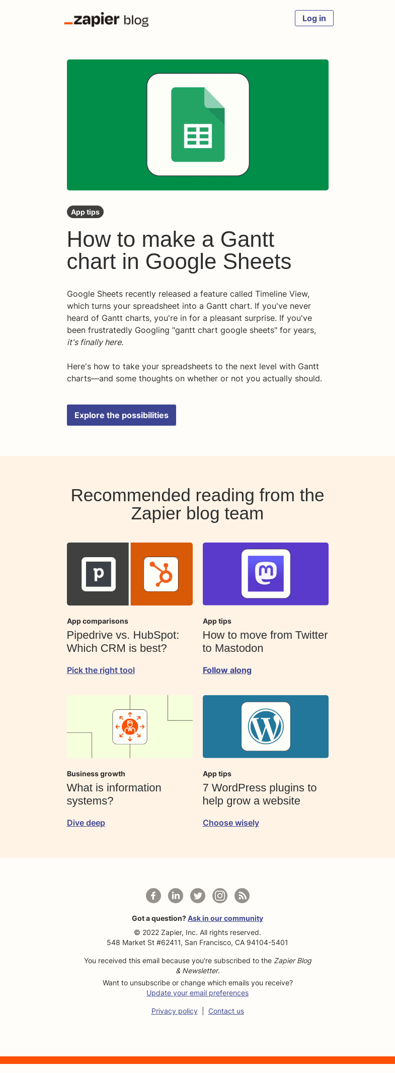 Письмо компании «Zapier» на тему «Make a Gantt chart in Google Sheets»