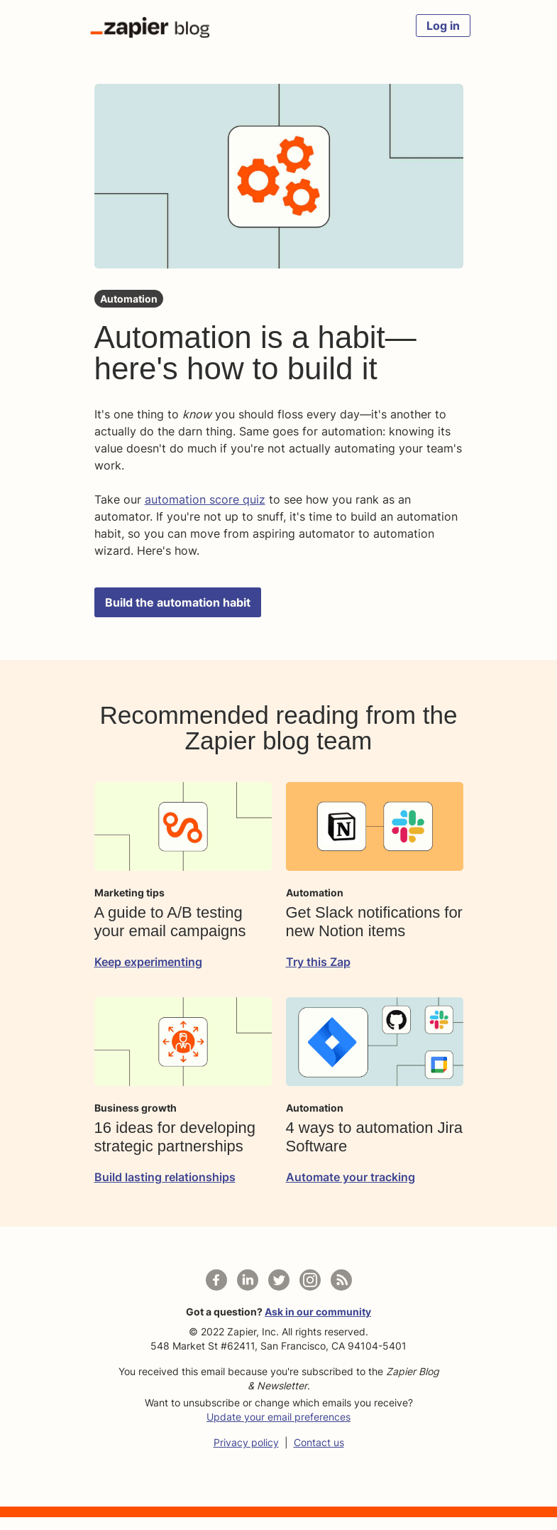 Письмо компании «Zapier» на тему «Automation is a habit»