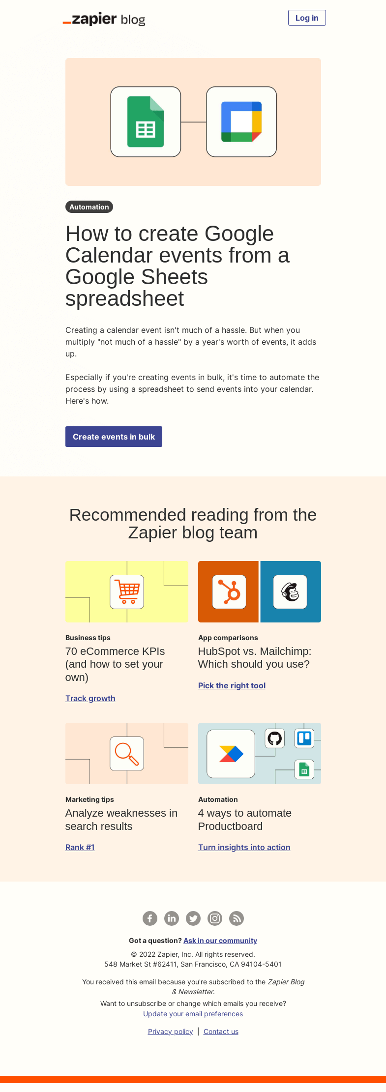 Письмо компании «Zapier» на тему «Create calendar events from a spreadsheet»