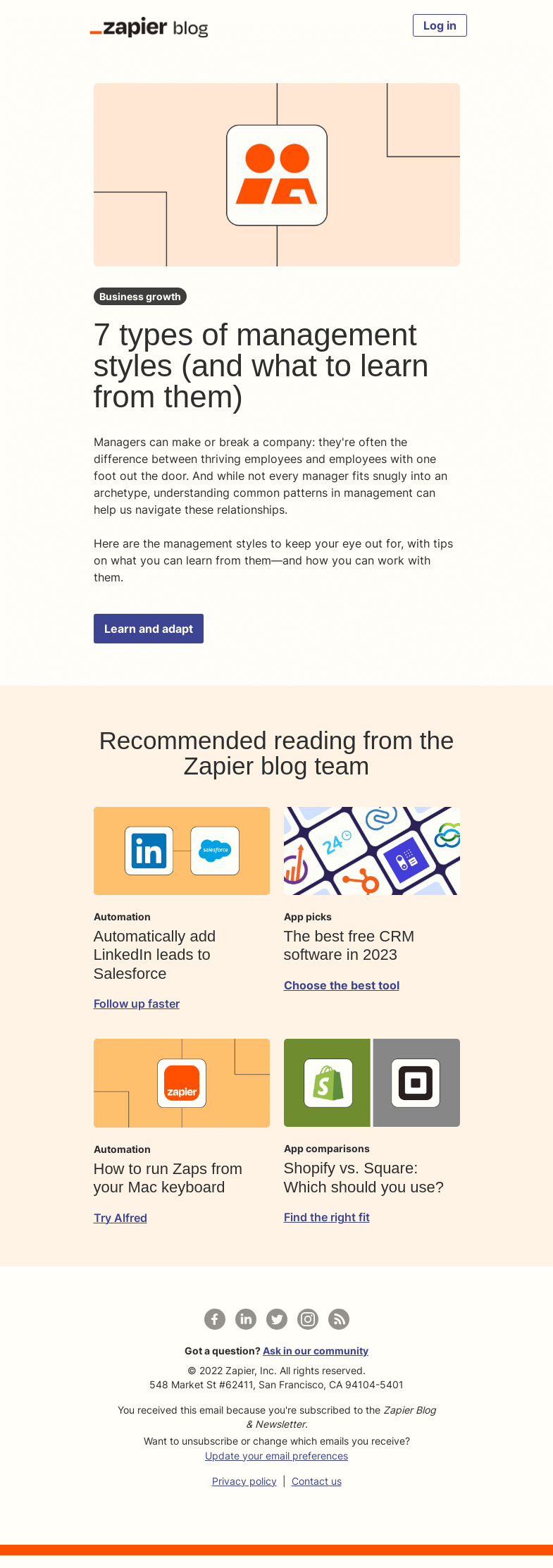 Письмо компании «Zapier» на тему «7 types of management styles»