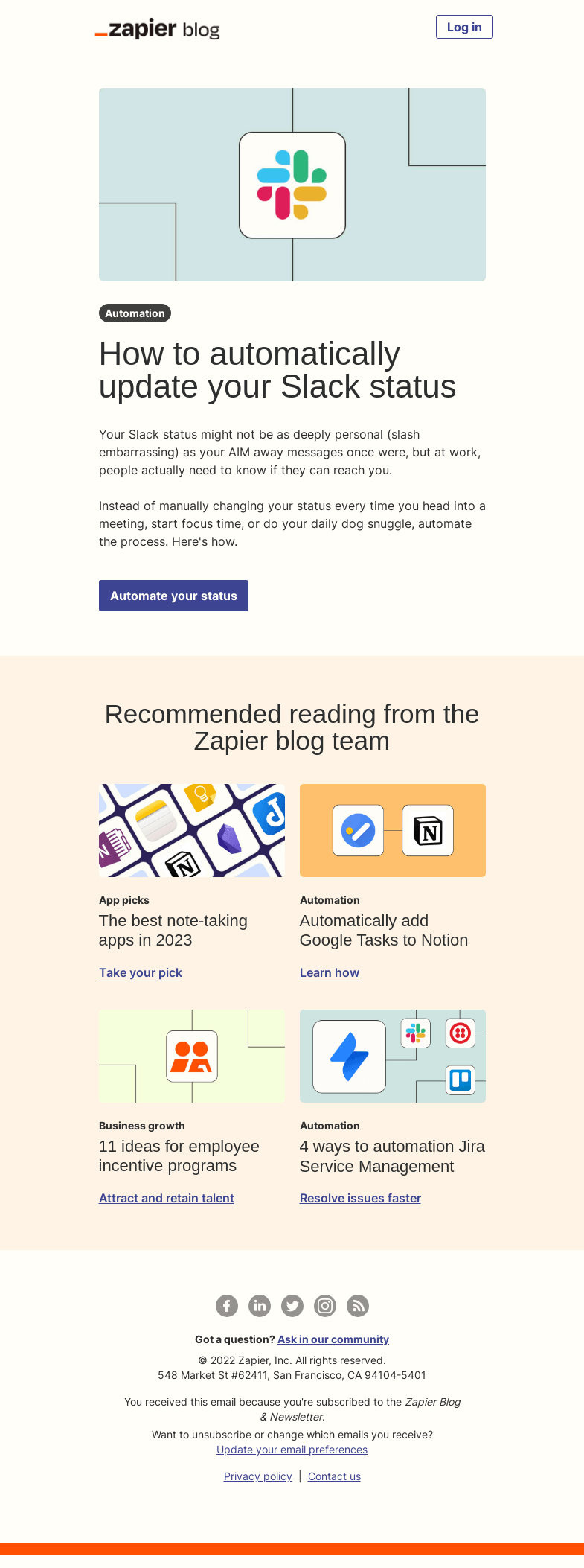 Письмо компании «Zapier» на тему «Automatically update your Slack status»