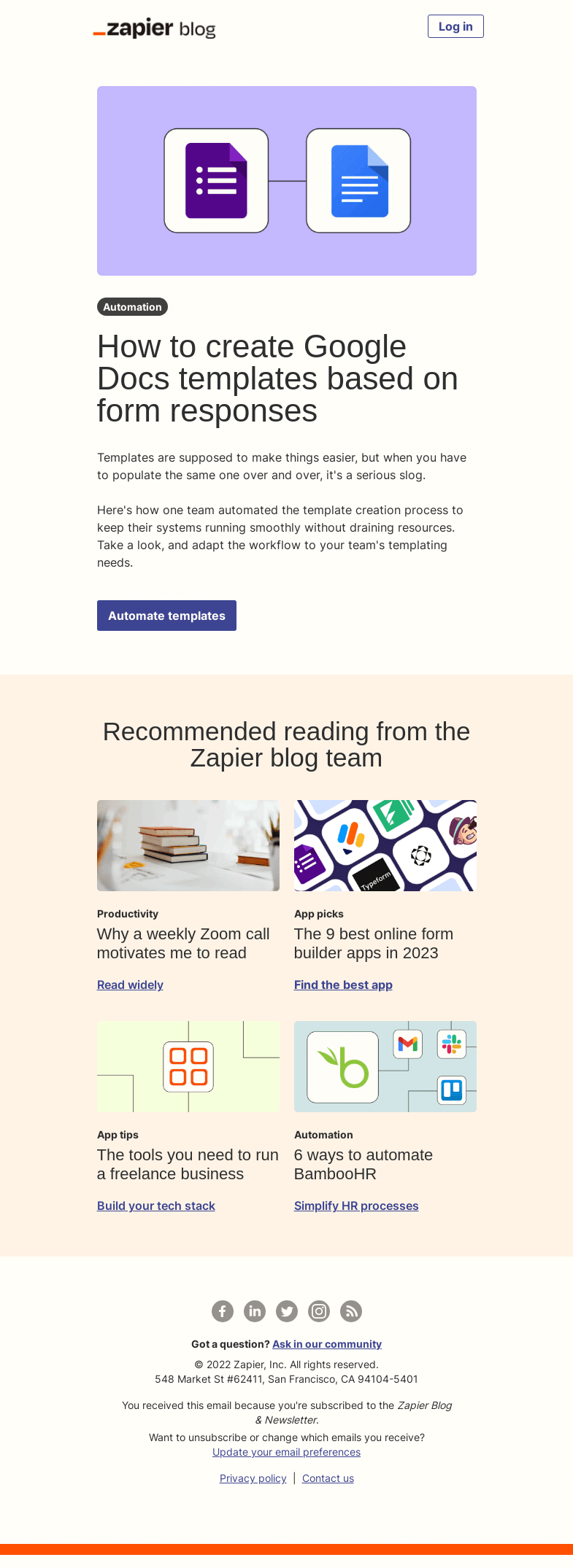 Письмо компании «Zapier» на тему «Create document templates automatically»