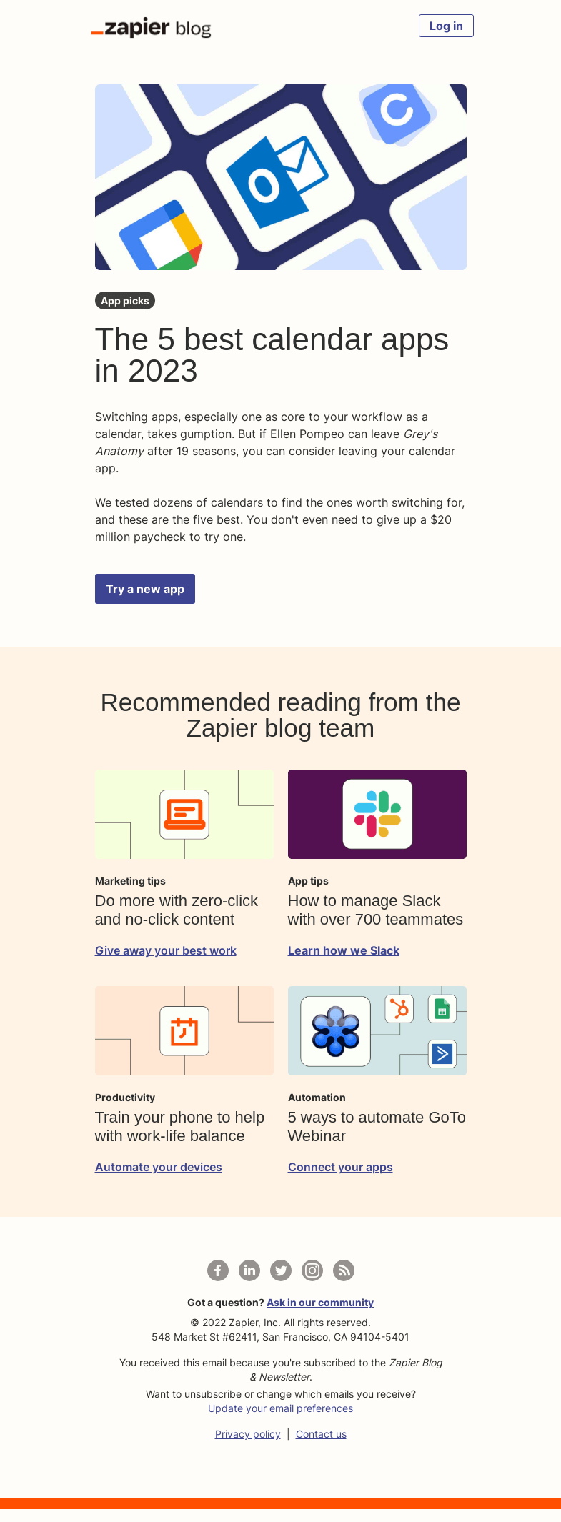Письмо компании «Zapier» на тему «The best calendar apps»