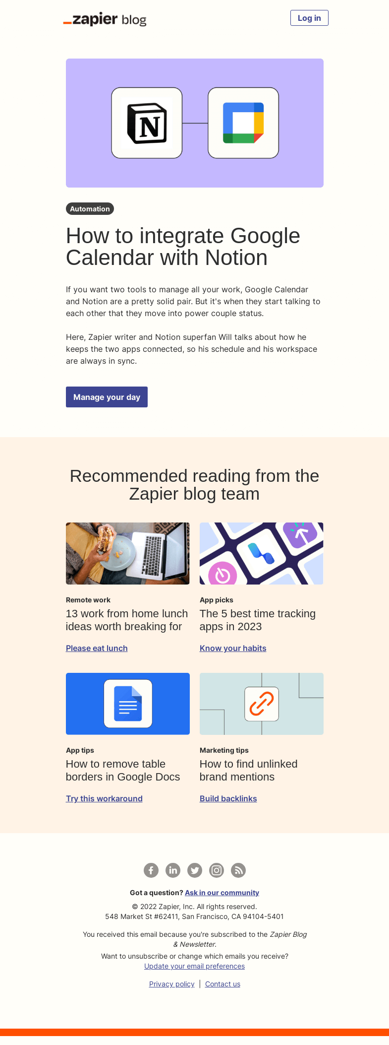 Письмо компании «Zapier» на тему «Connect Google calendar to Notion»