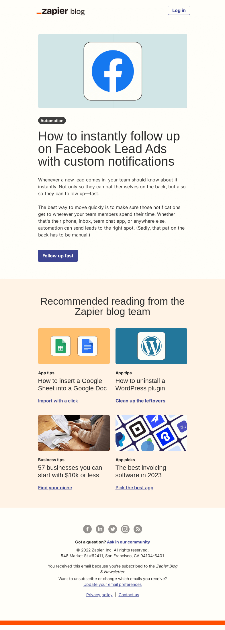 Письмо компании «Zapier» на тему «Get instant notifications for leads»