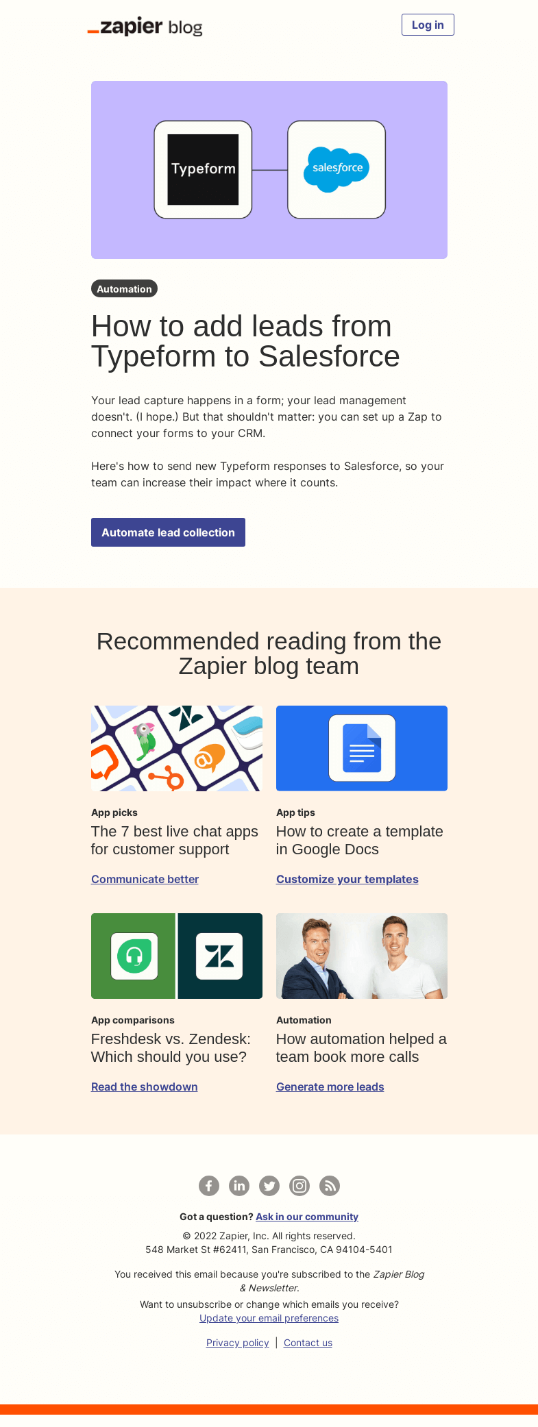 Письмо компании «Zapier» на тему «Automate lead collection»