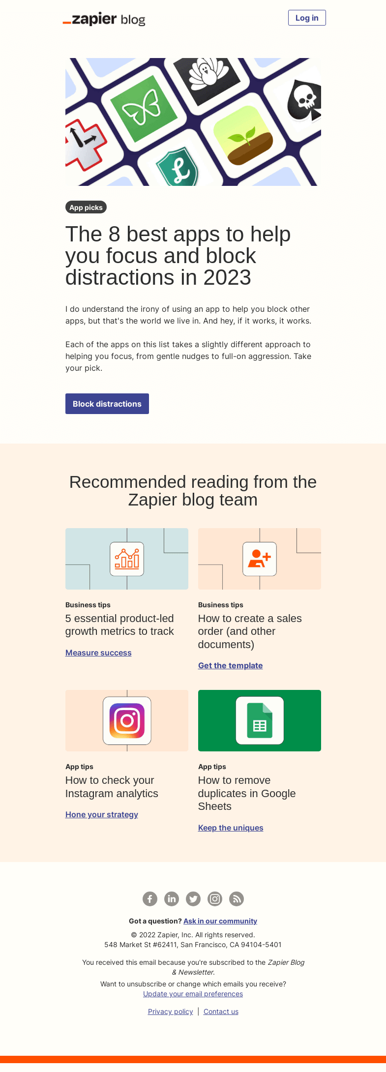 Письмо компании «Zapier» на тему «Stay focused»
