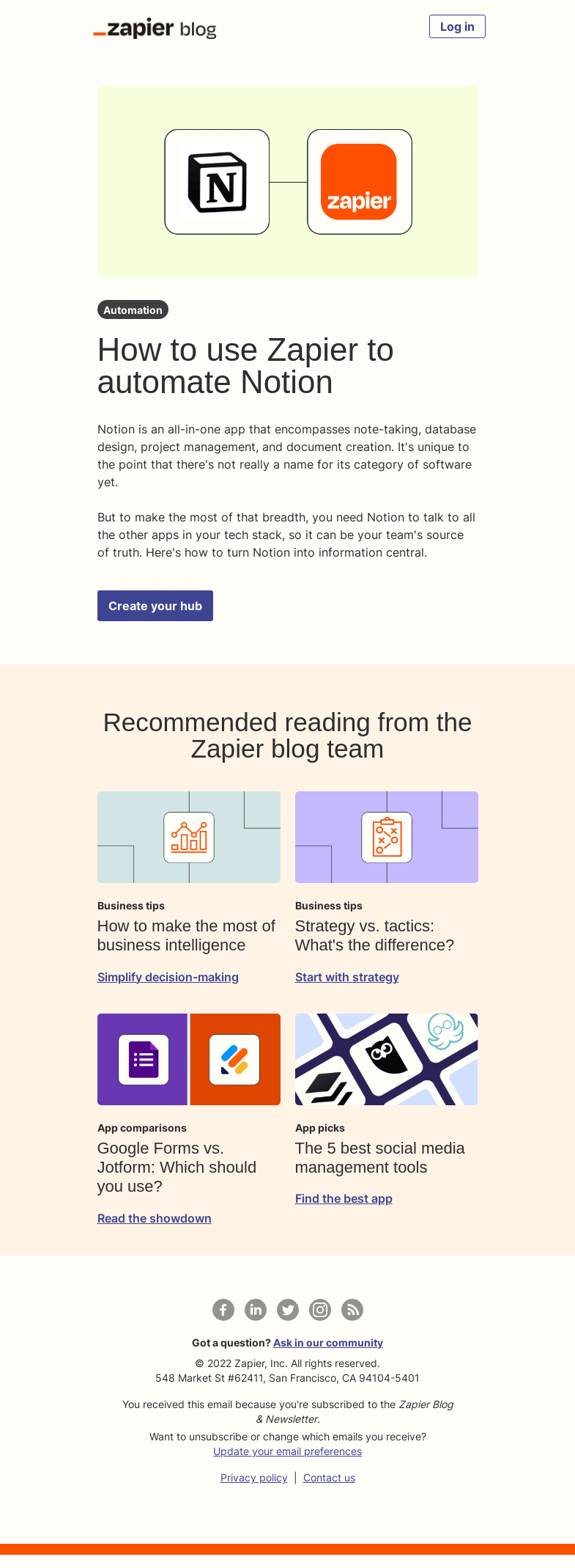 Письмо компании «Zapier» на тему «Automate Notion»