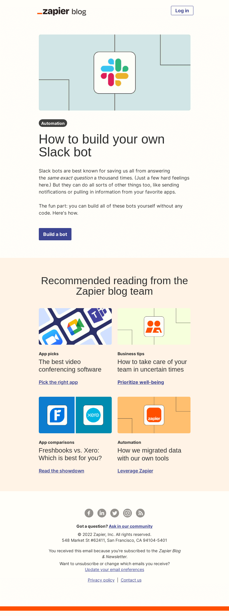 Письмо компании «Zapier» на тему «Build your own Slack bot»