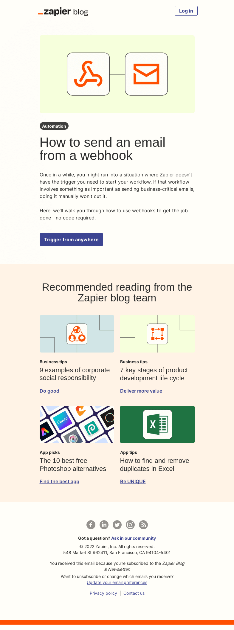 Письмо компании «Zapier» на тему «Send an email from a webhook»