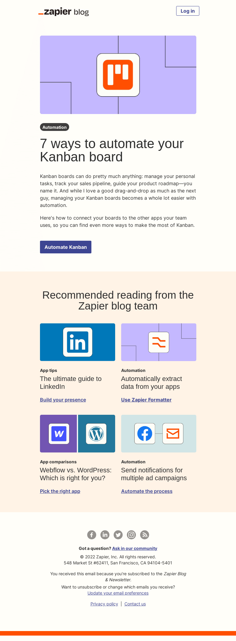 Письмо компании «Zapier» на тему «Automate your Kanban board»