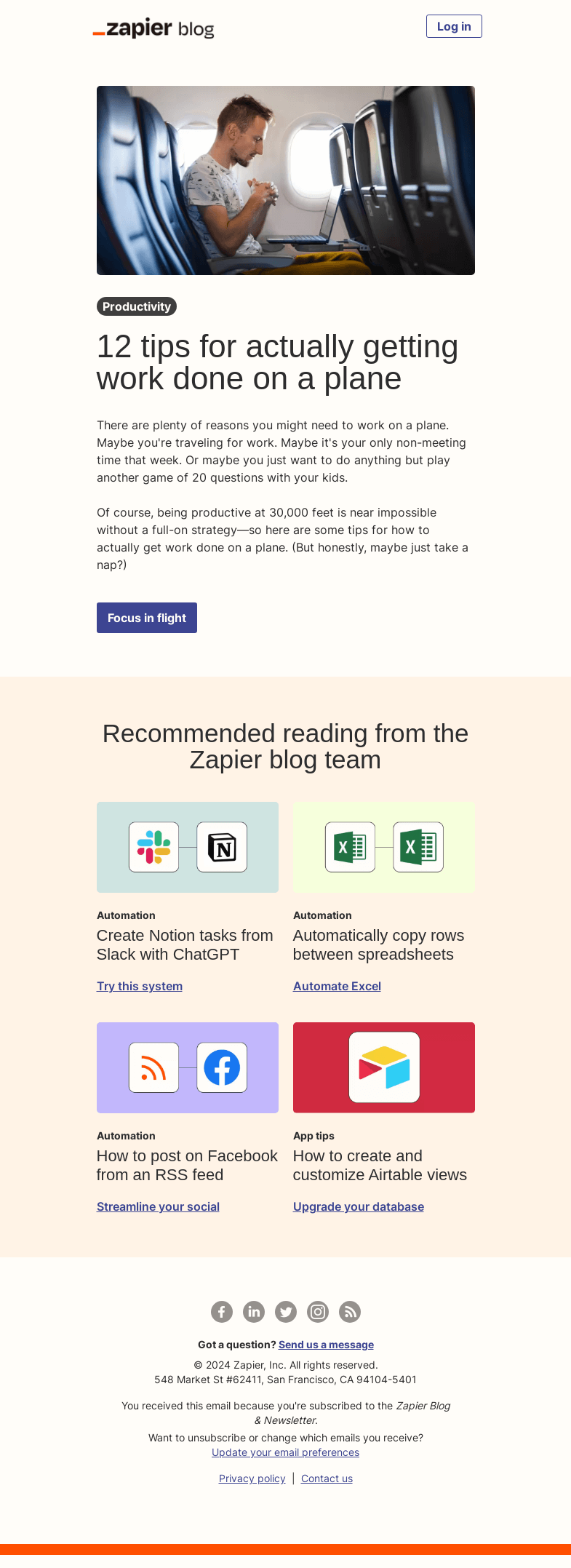 Письмо компании «Zapier» на тему «Plane productivity»