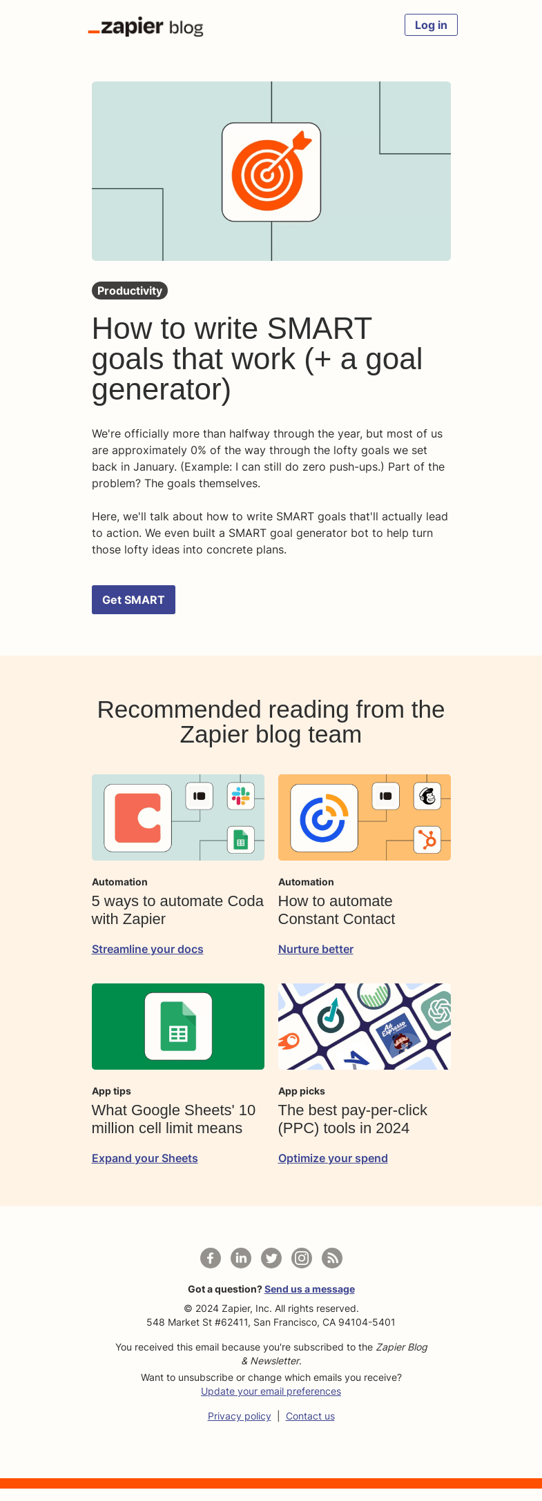 Письмо компании «Zapier» на тему «Write SMART goals»