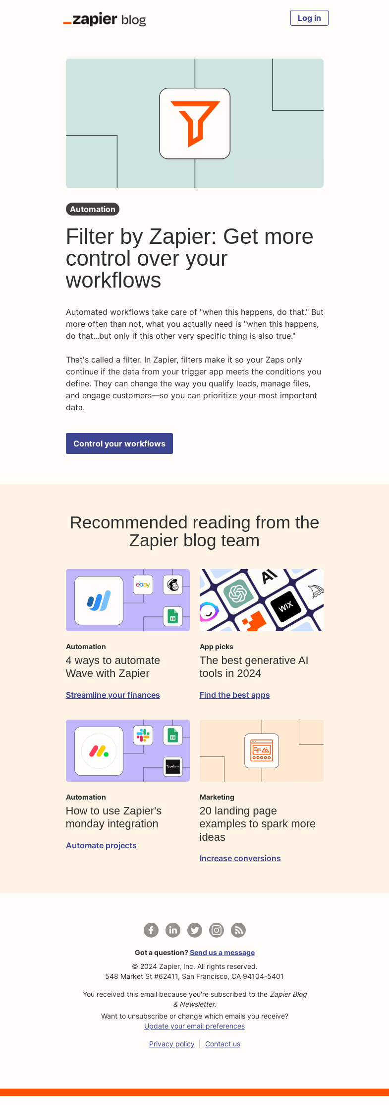 Письмо компании «Zapier» на тему «Control your workflows»