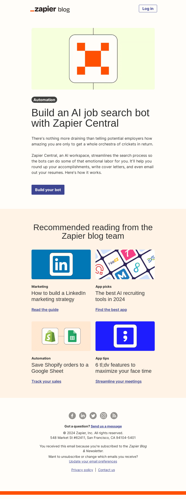 Письмо компании «Zapier» на тему «Build an AI job search bot»