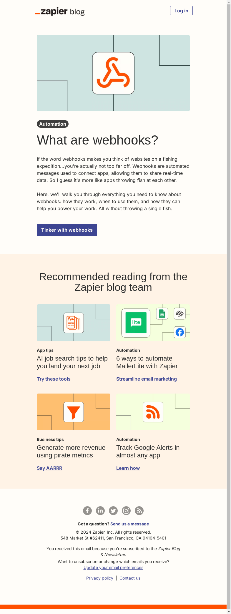 Письмо компании «Zapier» на тему «What are webhooks?»