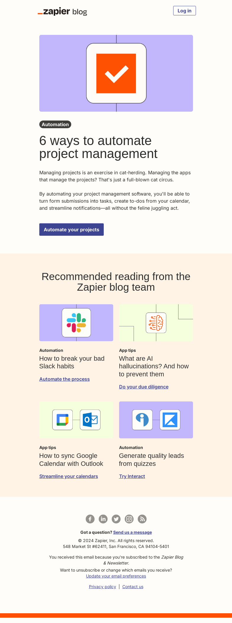 Письмо компании «Zapier» на тему «Automate project management»