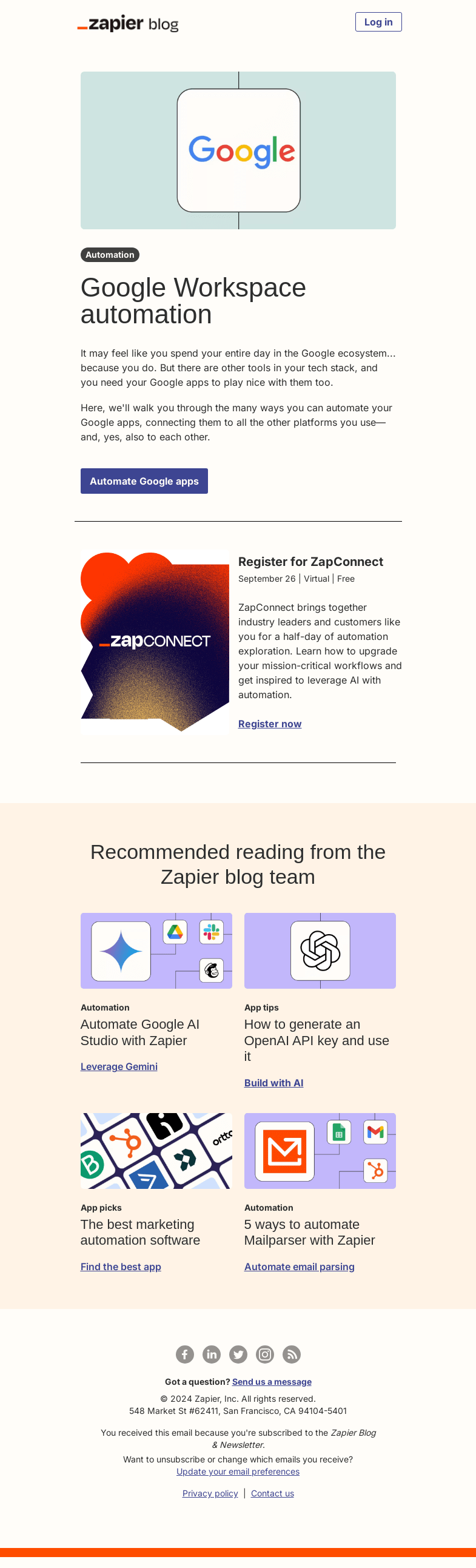 Письмо компании «Zapier» на тему «Automate your Google apps»
