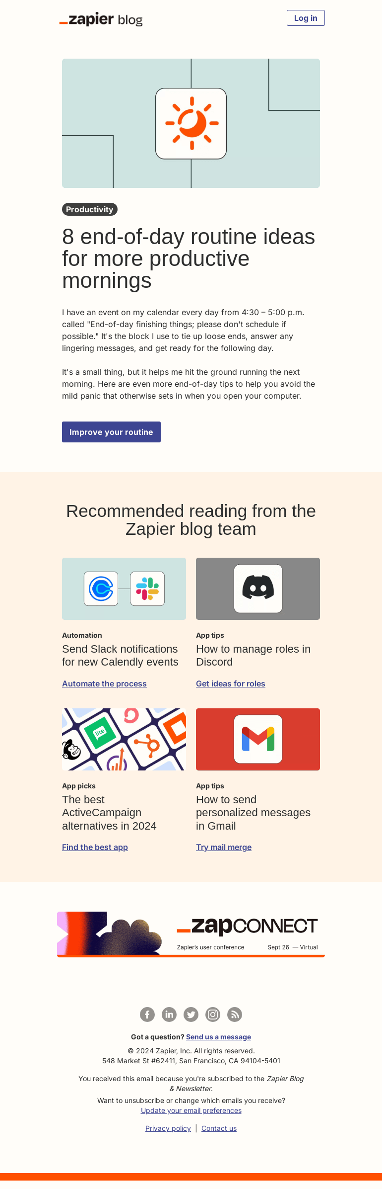 Письмо компании «Zapier» на тему «Upgrade your end-of-day routine»