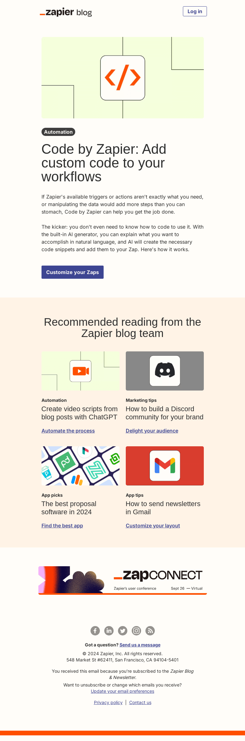 Письмо компании «Zapier» на тему «Add custom code to your workflows»