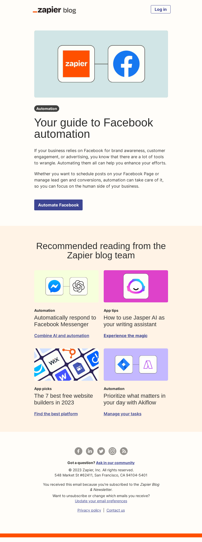 Письмо компании «Zapier» на тему «Your guide to Facebook automation»