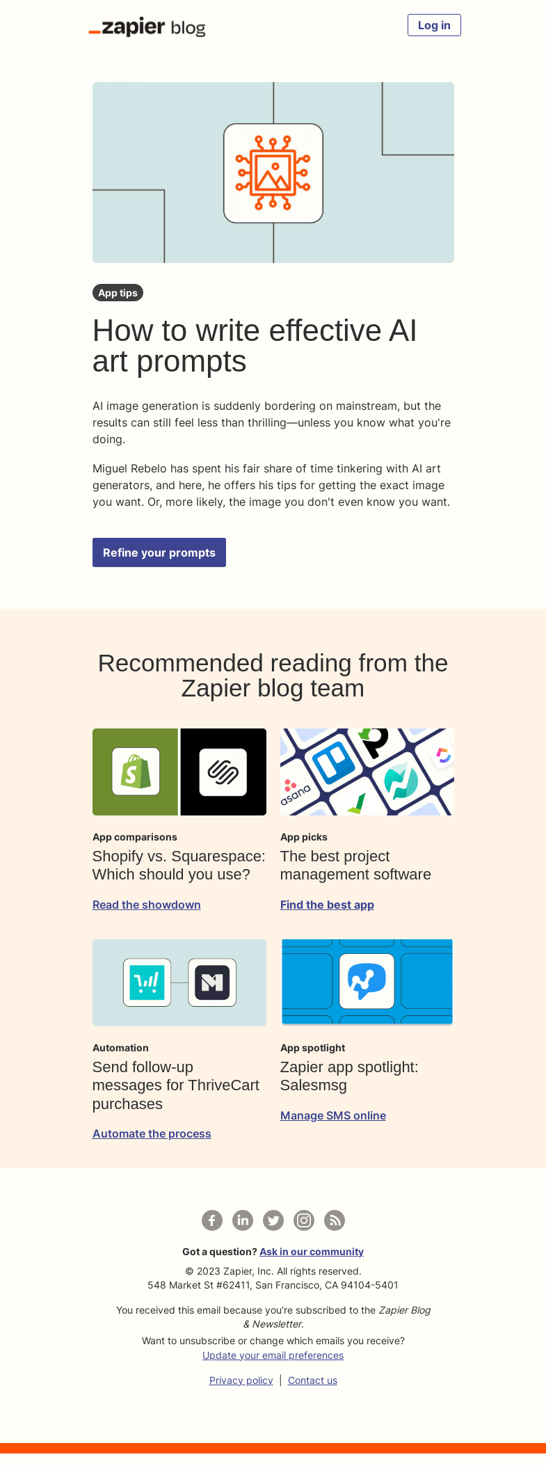 Письмо компании «Zapier» на тему «Write better AI art prompts»
