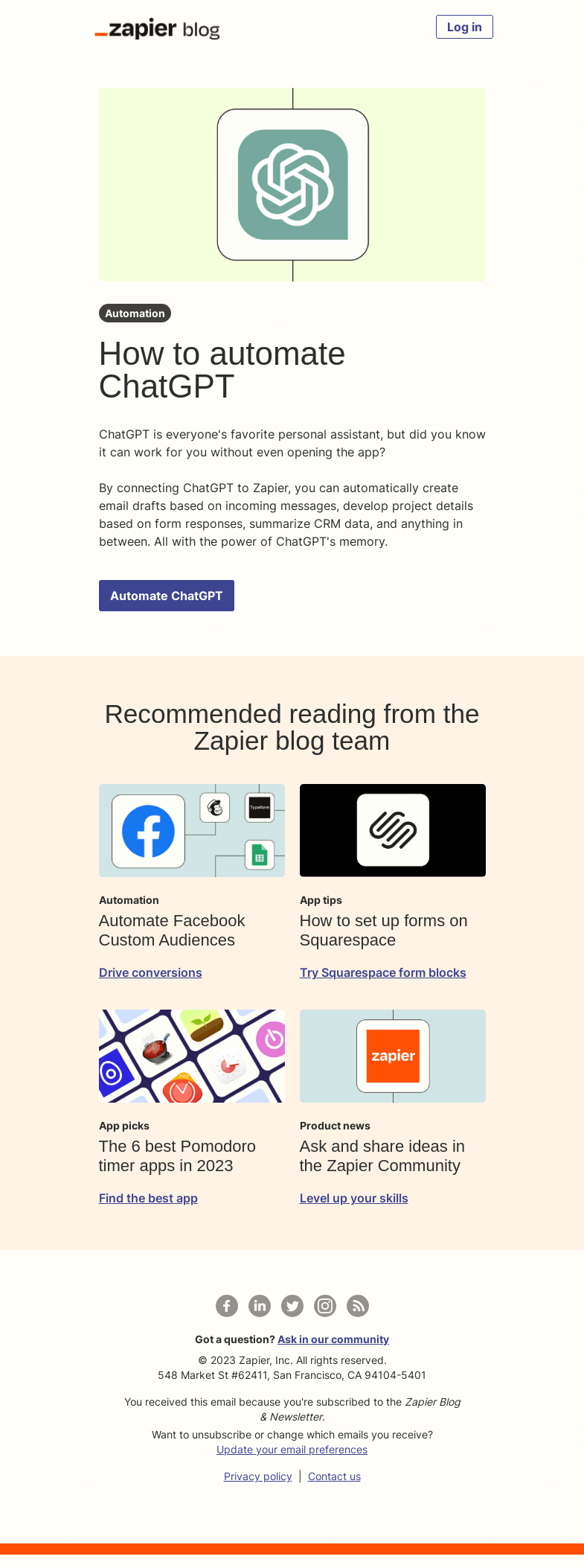 Письмо компании «Zapier» на тему «Automate ChatGPT»