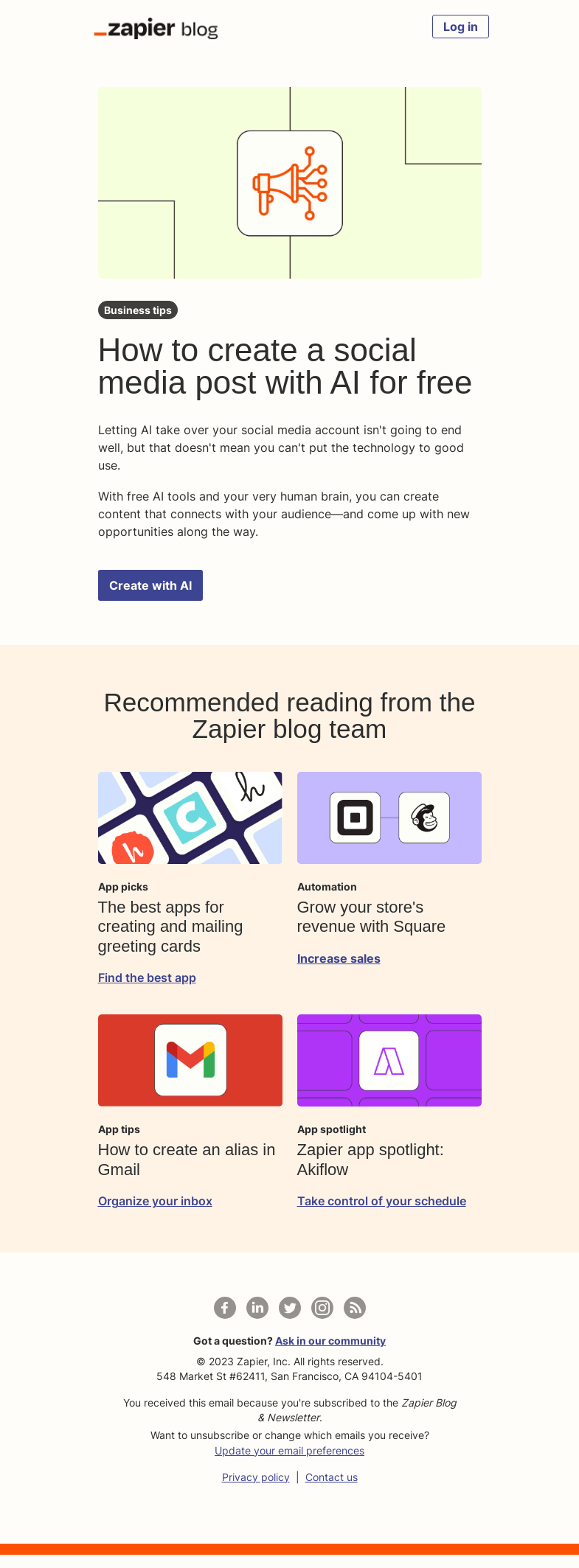 Письмо компании «Zapier» на тему «Create a social media post with AI (and your brain)»