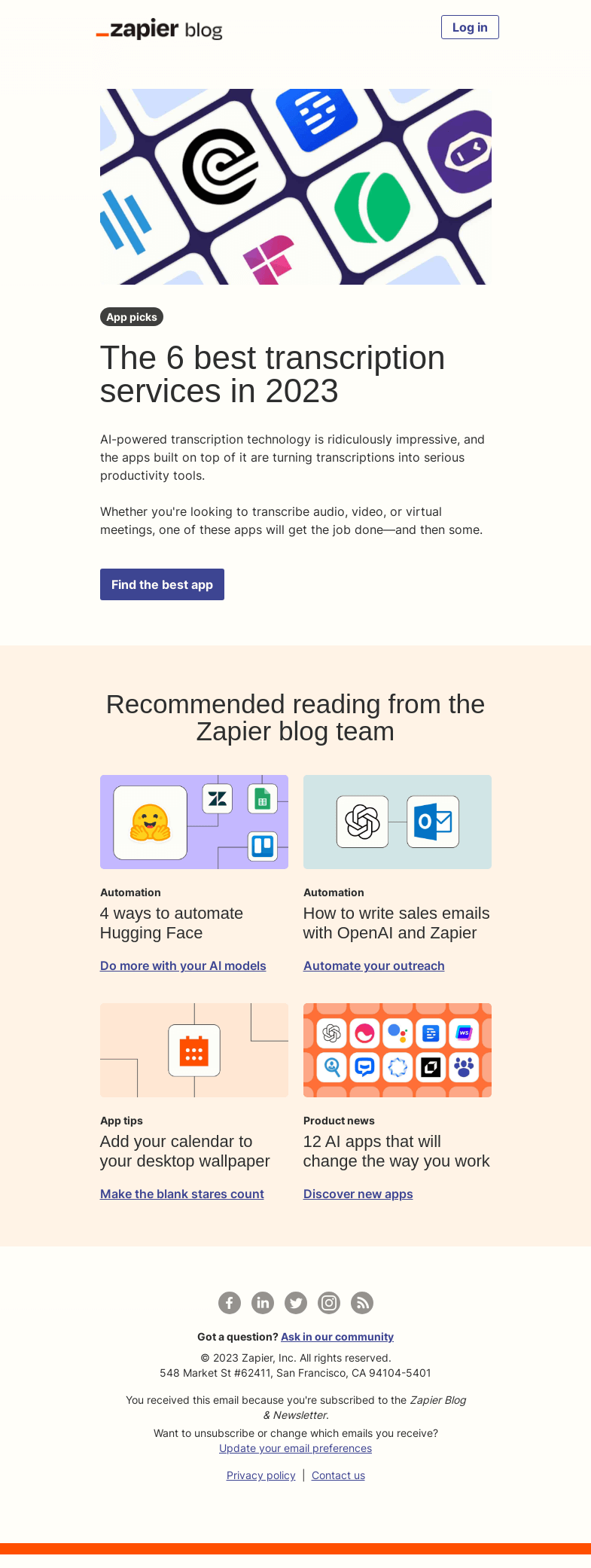 Письмо компании «Zapier» на тему «The best AI-powered transcription apps»