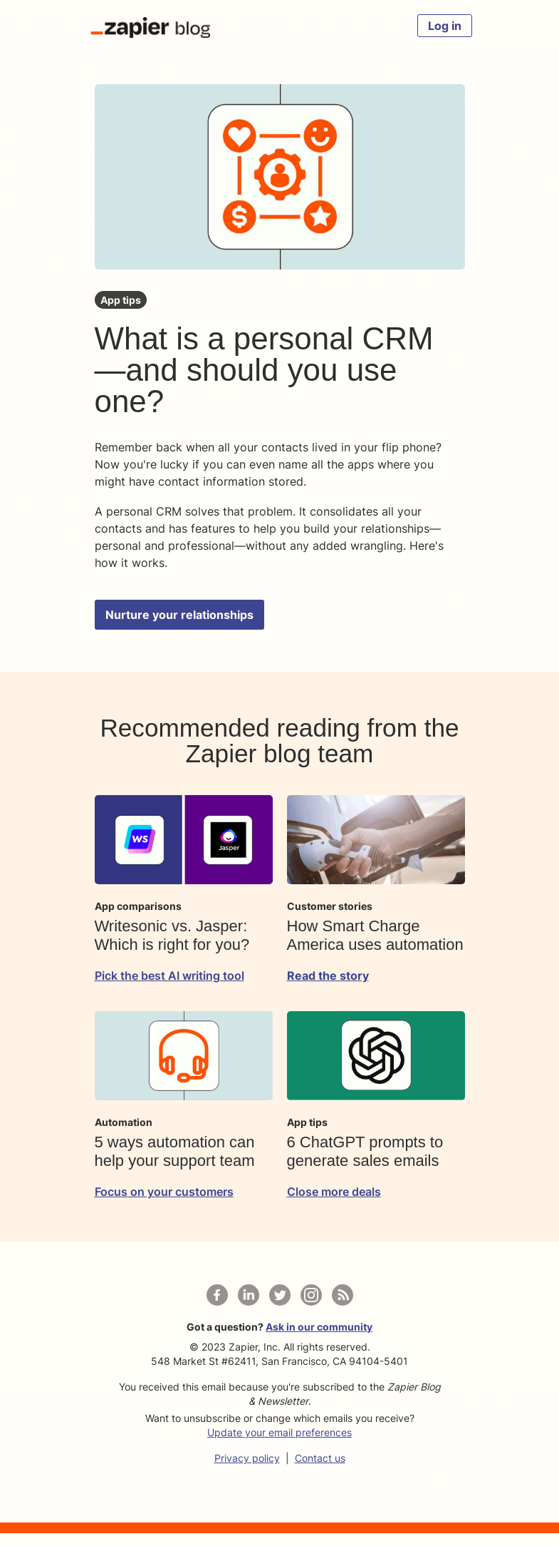 Письмо компании «Zapier» на тему «Nurture relationships with a personal CRM»