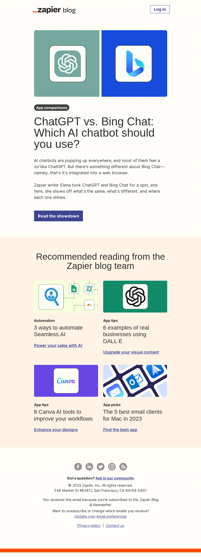 Письмо компании «Zapier» на тему «ChatGPT vs. Bing Chat»