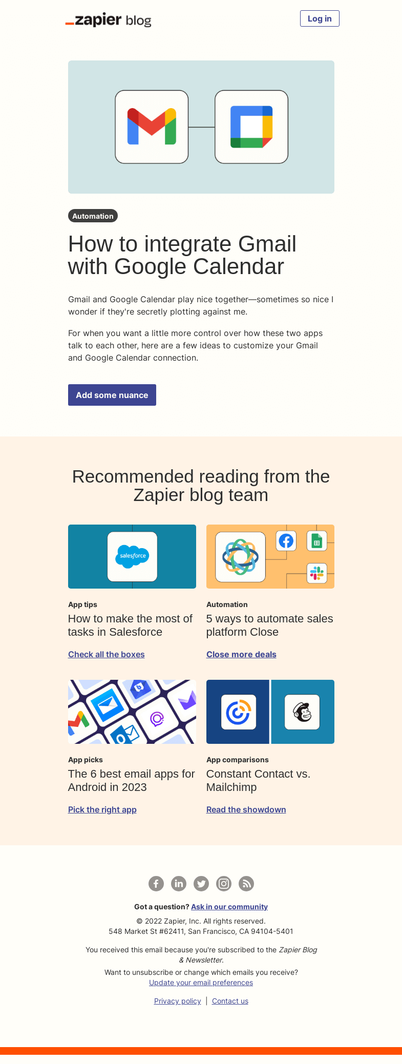 Письмо компании «Zapier» на тему «Connect Gmail and Google Calendar»