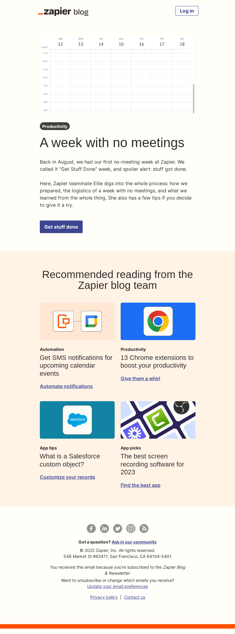 Письмо компании «Zapier» на тему «A week with no meetings»