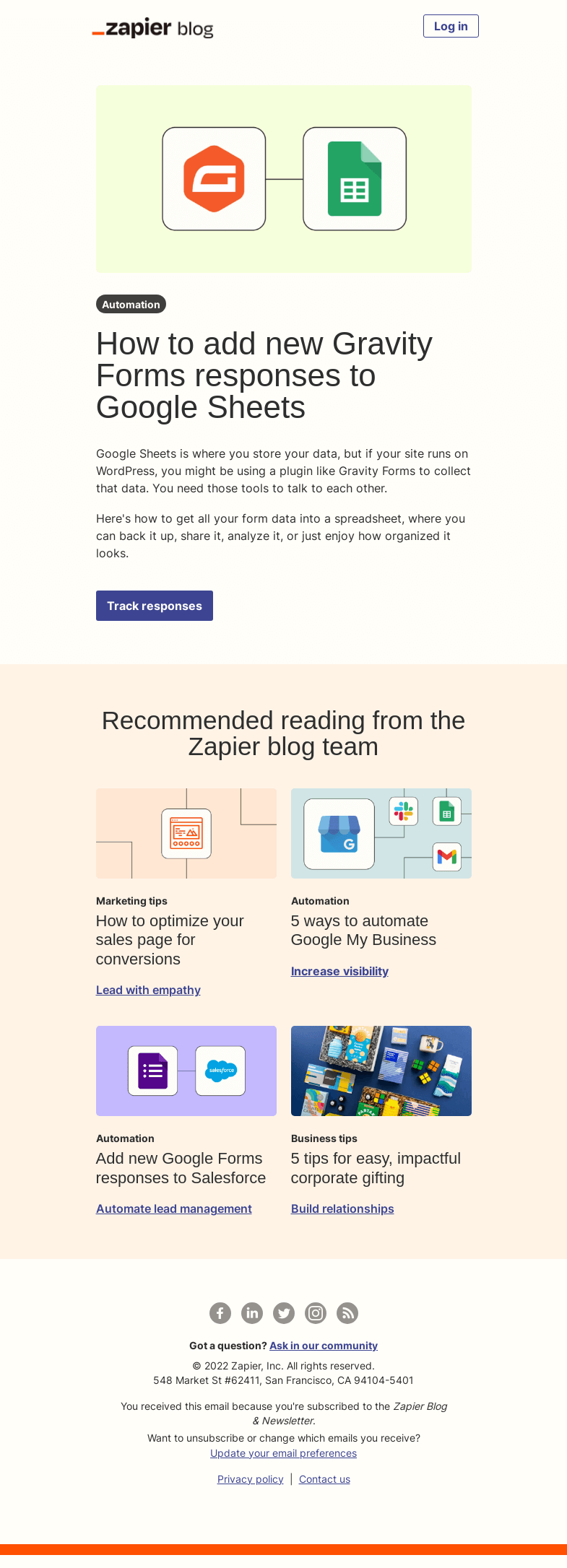 Письмо компании «Zapier» на тему «Get form responses in your spreadsheet»