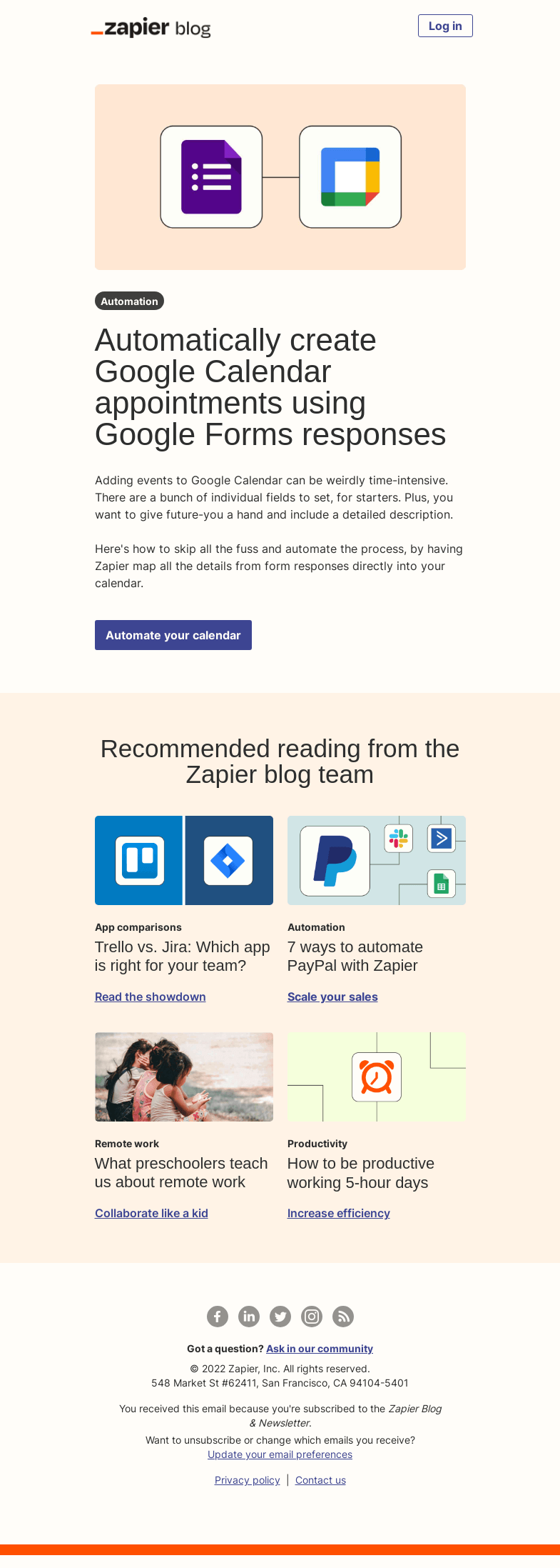 Письмо компании «Zapier» на тему «Create calendar events from form responses»
