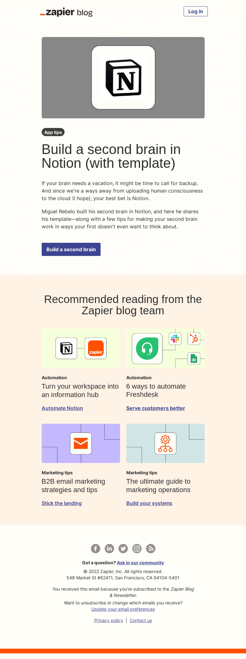 Письмо компании «Zapier» на тему «Build a second brain»