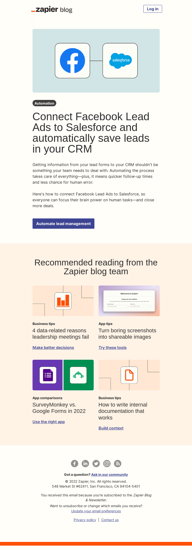 Письмо компании «Zapier» на тему «Automatically send leads to your CRM»